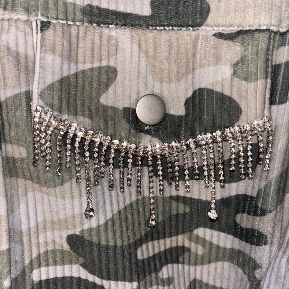 Savannah Jane Women's Medium Camo Corduroy Jacket Green Rhinestone Fringe - Picture 7 of 7
